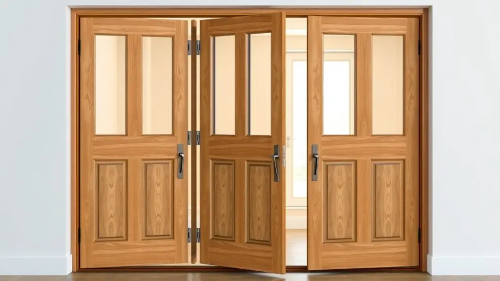 Diagram showing different bi-fold door panel configurations: standard folding, sliding bypass, and stacking options.