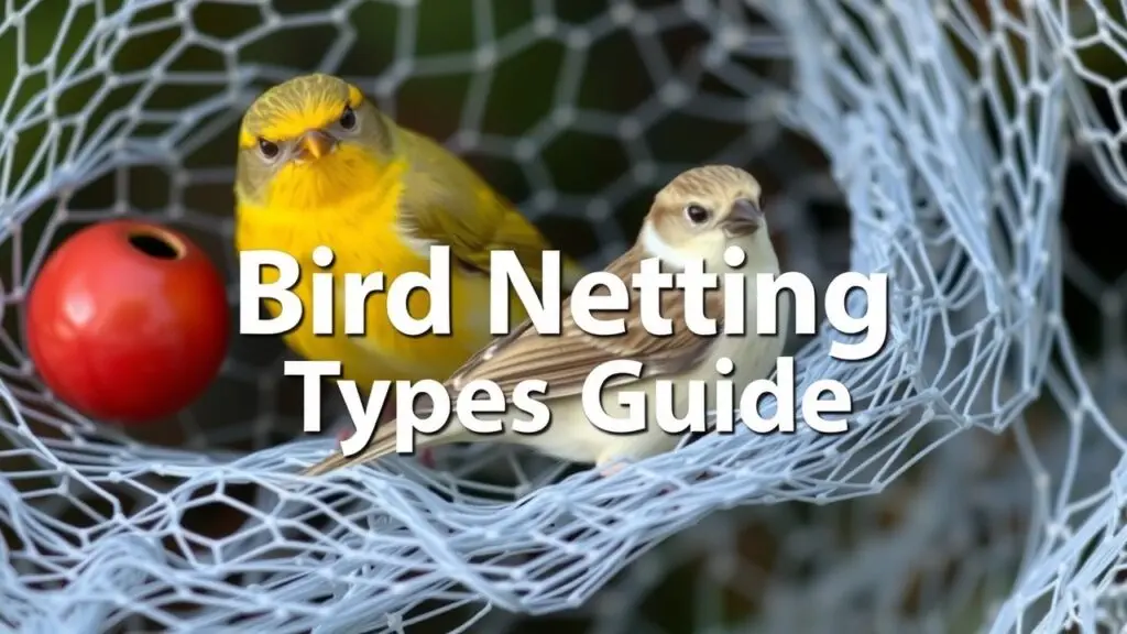 Different types of bird netting for homes, gardens, and commercial buildings, showing various mesh sizes and materials.