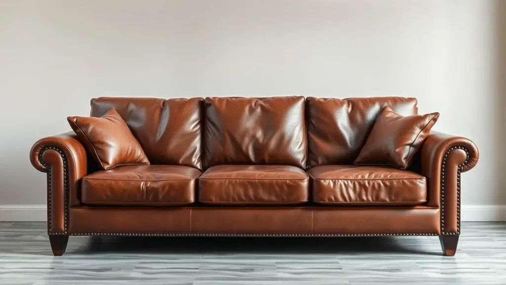 Stylish and durable top-grain leather sofa, perfect for modern homes. Shows elegant design and consistent finish.