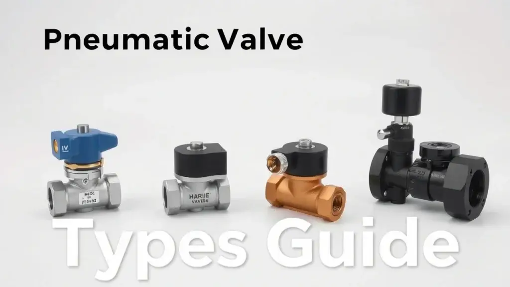 Infographic showing different types of pneumatic valves, including solenoid and directional control valves, with their applications and selection criteria.