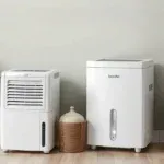 Infographic showing different types of dehumidifiers for homes and businesses, including portable, compressor, and desiccant models.