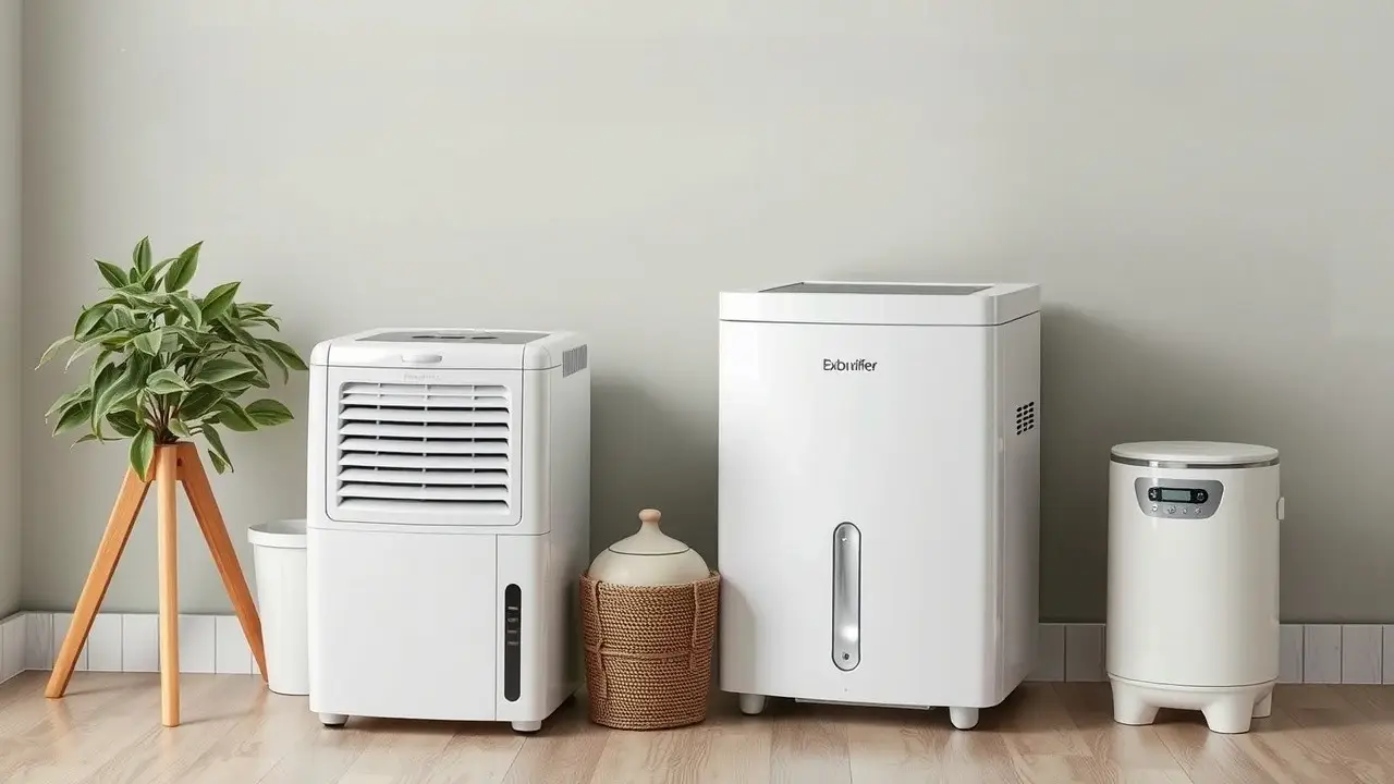 Infographic showing different types of dehumidifiers for homes and businesses, including portable, compressor, and desiccant models.