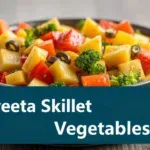 Colorful vegetables like bell peppers, onions, broccoli, spinach, and corn in a cheesy Velveeta skillet.