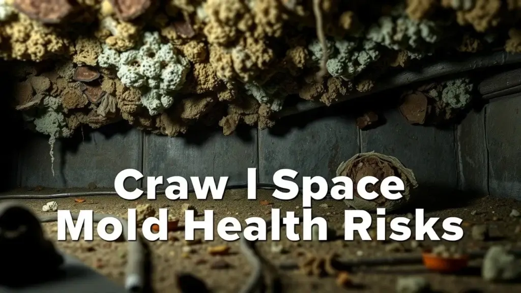 Health risks associated with crawl space mold infestation, including specific mold types like Cladosporium, Aspergillus, Penicillium, and Stachybotrys chartarum (black mold), and their effects on vulnerable populations such as children, the elderly, and immunocompromised individuals. Symptoms of mold exposure and mycotoxin information are also included.