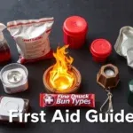 Infographic showing different types of burns, first aid treatment, and prevention methods.