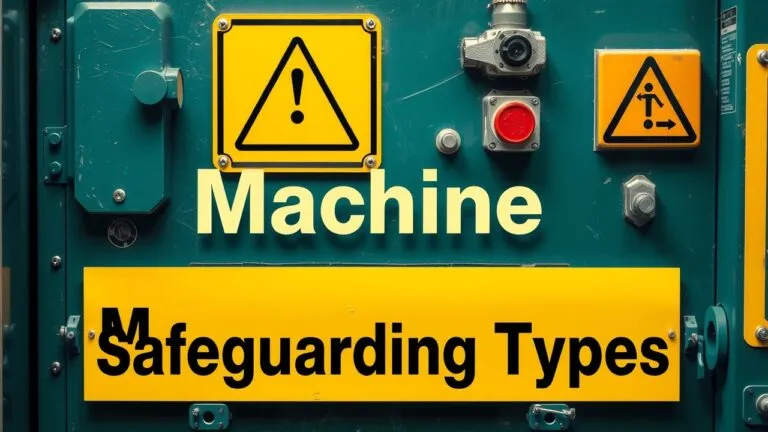 Different types of machine safeguarding, including guards, sensors, and interlocks, to prevent workplace injuries and ensure safety.