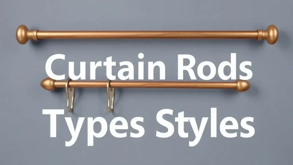 Different types of curtain rods including metal, wood, and plastic options, showcasing various styles and designs for home decor.