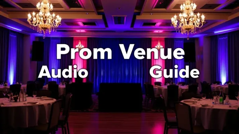 Guide to choosing a prom venue with optimal audio-visual features, including sound system quality, lighting options, projector and screen availability, microphone options, and dance floor lighting.