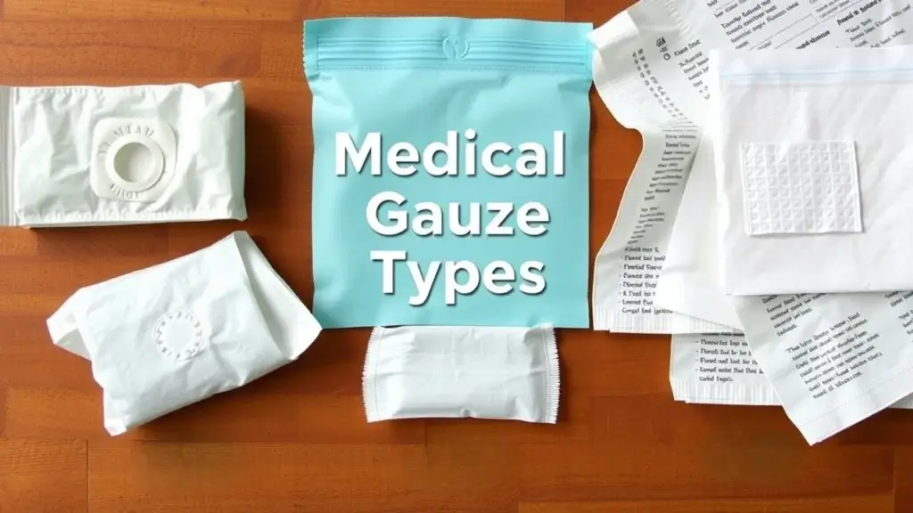 Infographic showing different types of medical gauze pads, including absorbent and non-absorbent, sterile and non-sterile options, with their respective uses in wound care.