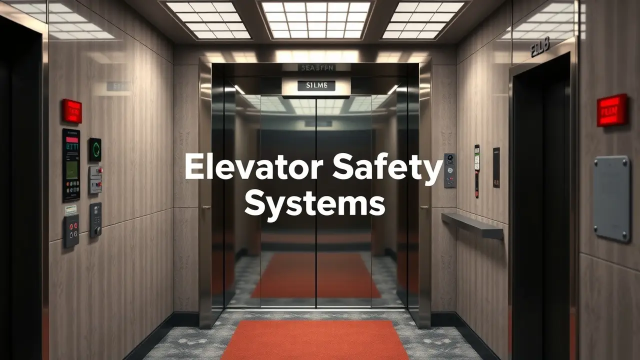 Diagram showing key elevator safety systems, including emergency stop buttons, overspeed governors, and fire service modes, highlighting their roles in ensuring passenger safety and operational integrity.