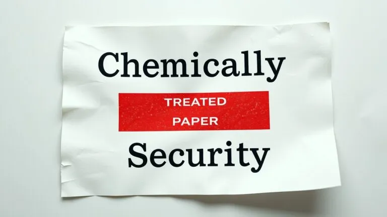 Close-up image showing chemically treated paper reacting under UV light, revealing hidden security features like watermarks or fluorescent fibers.