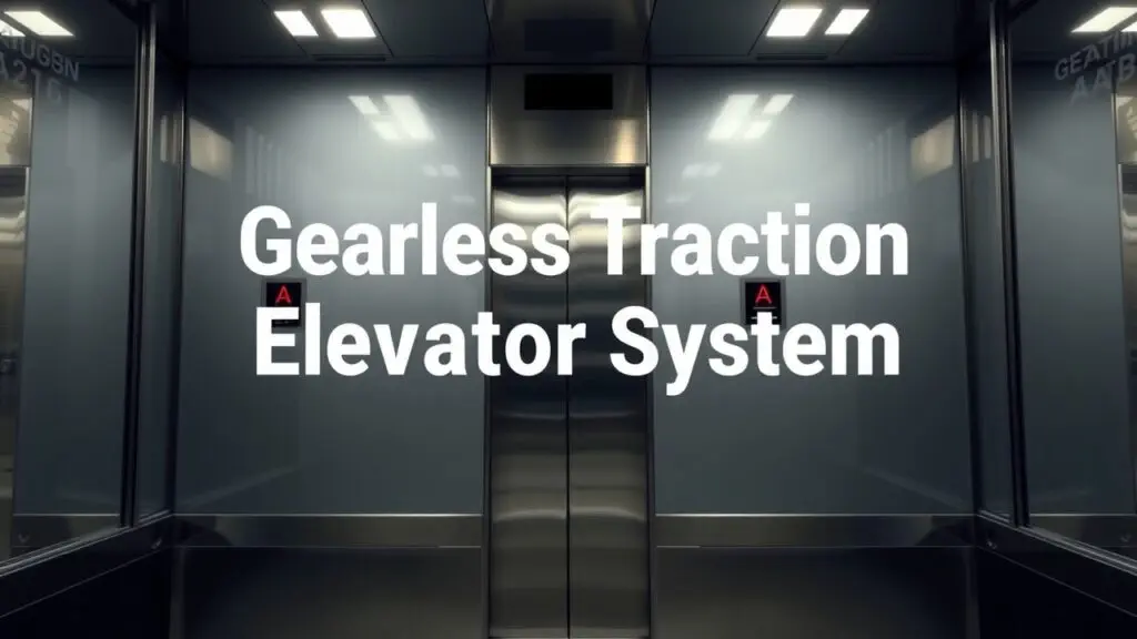 Diagram showing the inner workings of a gearless traction elevator system, highlighting the direct drive motor, sheave, hoisting cables, and counterweight.