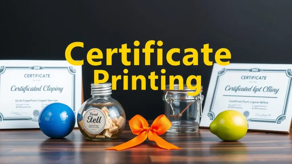 Different types of certificate printing services, including custom design, same-day rush, and online printing options for diplomas and awards.