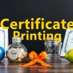 Different types of certificate printing services, including custom design, same-day rush, and online printing options for diplomas and awards.
