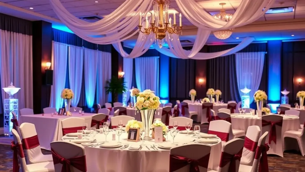Inspiring prom venue decoration ideas, showcasing various themes, balloon arches, lighting designs, and creative centerpieces for a memorable prom night.