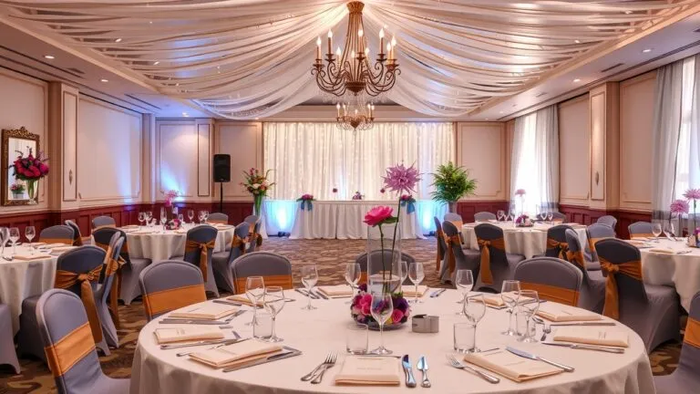 Various prom venue decoration ideas, including elegant ballroom setups, modern unique designs, balloon arches, creative centerpieces, and lighting options for prom night inspiration.