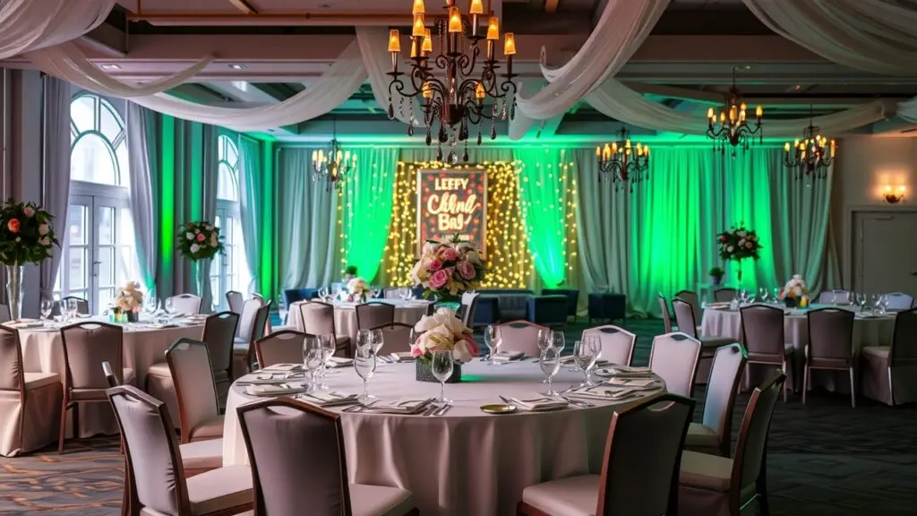 Various prom venue decoration ideas, including elegant ballroom setups, modern designs, balloon arches, creative centerpieces, and lighting options for prom night inspiration.