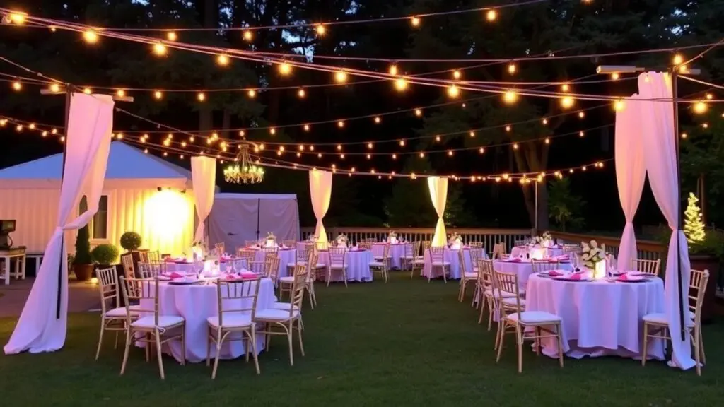Stunning outdoor prom venue showcasing lush greenery, fairy lights, and elegant decorations.