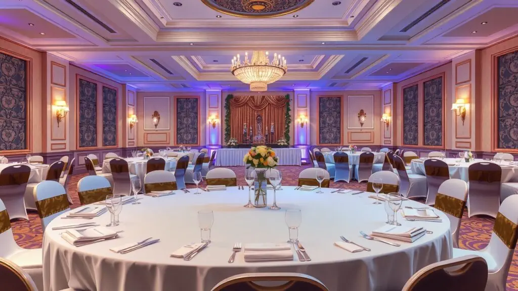 Spacious banquet hall decorated for a prom, showcasing elegant tables, lighting, and a dance floor.