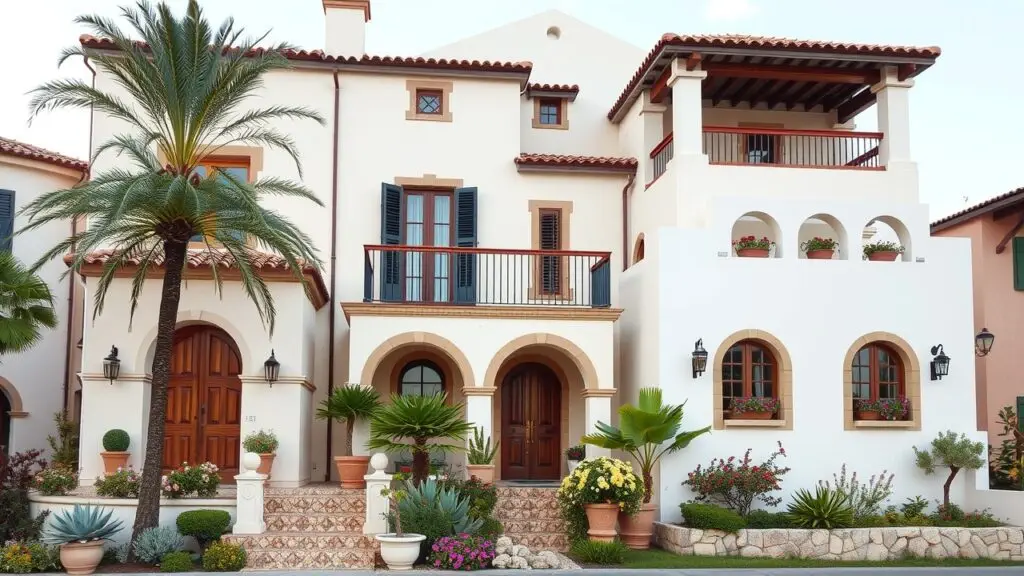 Mediterranean style home exterior with stucco walls, red tile roof, arched doorways, and wrought iron details.
