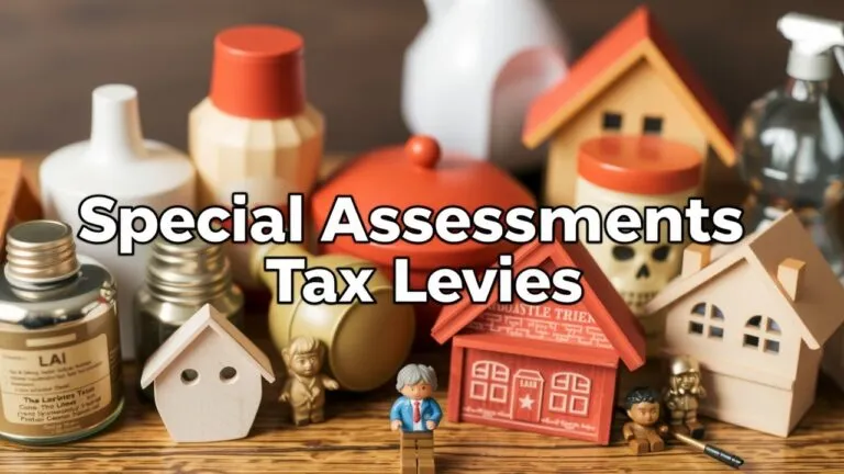 Infographic explaining special assessments - targeted taxes levied by local governments to fund projects benefiting specific property owners, including benefits, drawbacks, and legal aspects.
