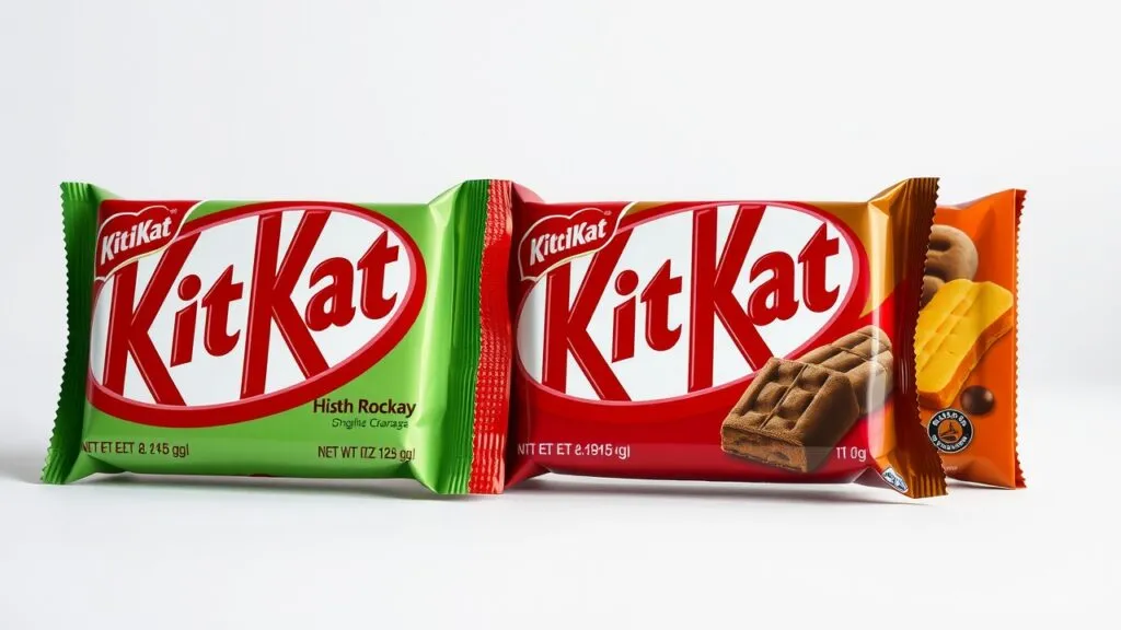 Various KitKat chocolate bar packaging designs from around the world showcasing different flavors and regional variations.