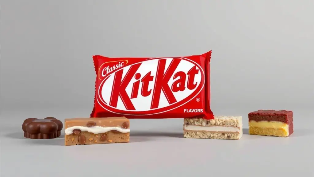A collage showcasing various KitKat chocolate bar flavors from around the world, including classic milk chocolate and unique international varieties.