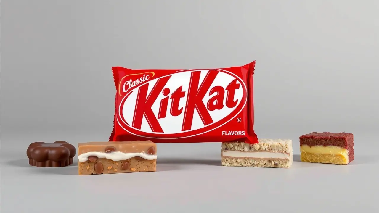 A collage showcasing various KitKat chocolate bar flavors from around the world, including classic milk chocolate and unique international varieties.