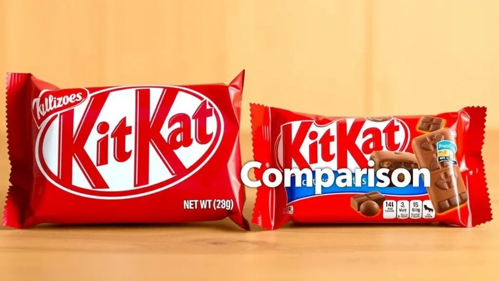 Different sizes of KitKat chocolate bars, including single bars, mini KitKats, and sharing packs, showcasing variety in packaging and potential flavors.