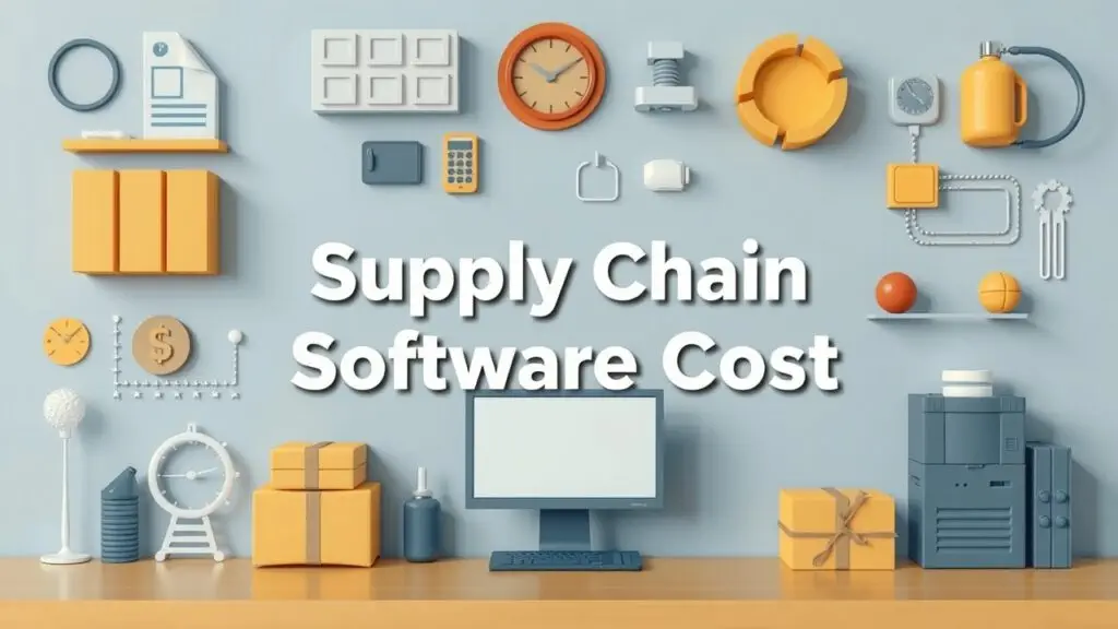 Supply chain software implementation costs infographic showing factors affecting costs, ROI calculations, and cost minimization strategies.