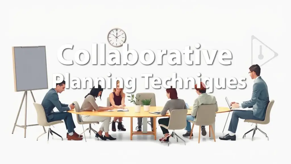 Collaborative planning techniques infographic showing brainstorming, mind mapping, SWOT analysis, Nominal Group Technique, Delphi method, and scenario planning.