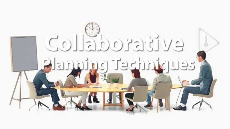 Collaborative planning techniques infographic showing brainstorming, mind mapping, SWOT analysis, Nominal Group Technique, Delphi method, and scenario planning.