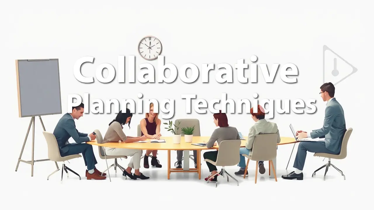 Collaborative planning techniques infographic showing brainstorming, mind mapping, SWOT analysis, Nominal Group Technique, Delphi method, and scenario planning.
