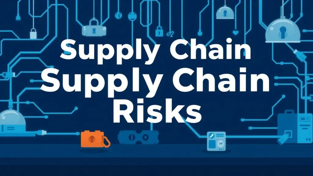 Supply chain cybersecurity risks infographic showing types of technological disruptions like cyberattacks, data breaches, IT system failures, and technology obsolescence, along with mitigation strategies and the importance of AI and IoT in building resilience.