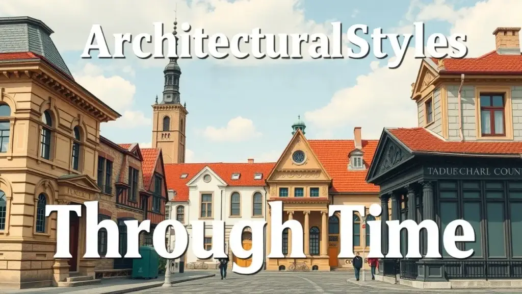 A collage showcasing diverse architectural styles throughout history, including Greek temples, Roman aqueducts, Gothic cathedrals, Renaissance palaces, and modern skyscrapers, highlighting cross-cultural influences and contemporary interpretations.
