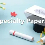 Close-up of various specialty papers, including parchment, textured, and watermarked options, suitable for creating high-quality diplomas.